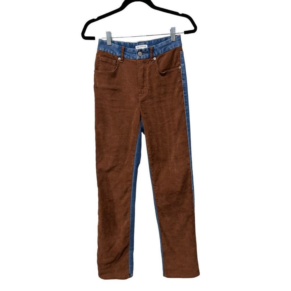 Good American Icon Mixed Media Denim Suede Straight Jeans Blue Brown Size 2/26